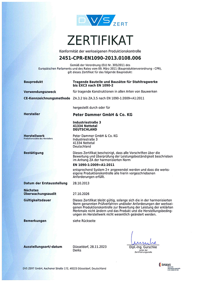 EG Zertifikat werkseigene Produktionskontrolle